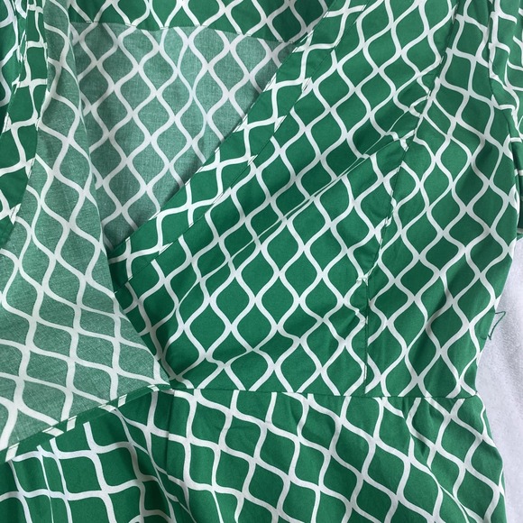 Boden Green Geo Faux Wrap Dress Sz 14 Green Short Sleeve Tradwife Preppy - Picture 10 of 14